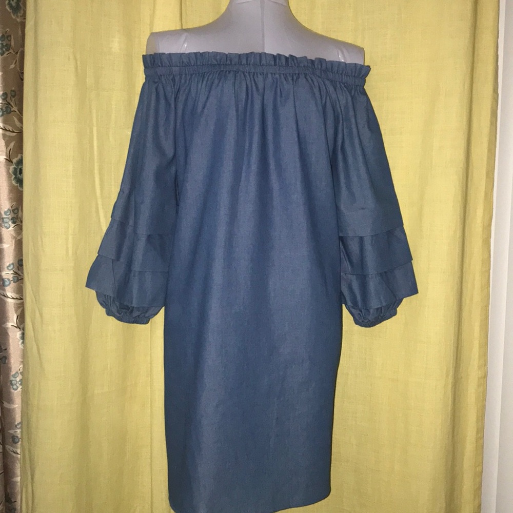 Faux denim off the shoulder dress